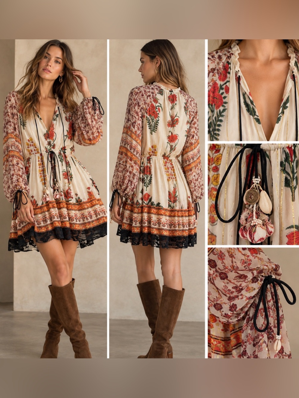 Hemant & Nandita 100% Silk Floral Boho Mini Dress Shell Tassel Detail Small S